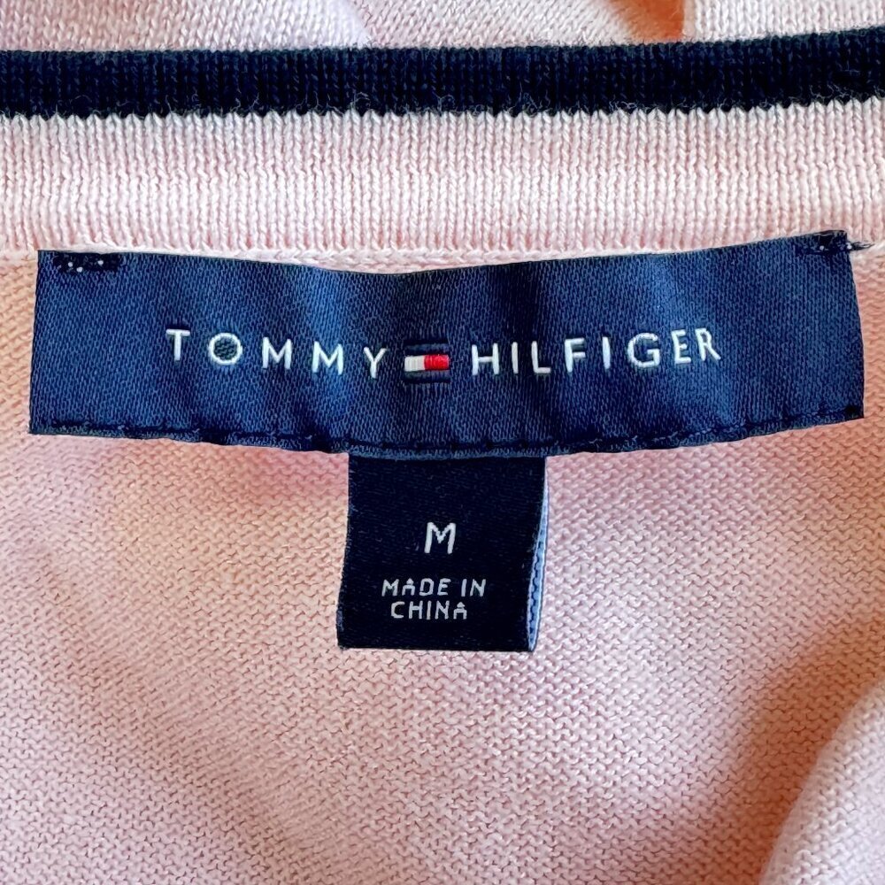 Tommy Hilfiger NEW Pink V-Neck Sweater Blue Trim Tennis Classic Women’s Size Med - Picture 6 of 10